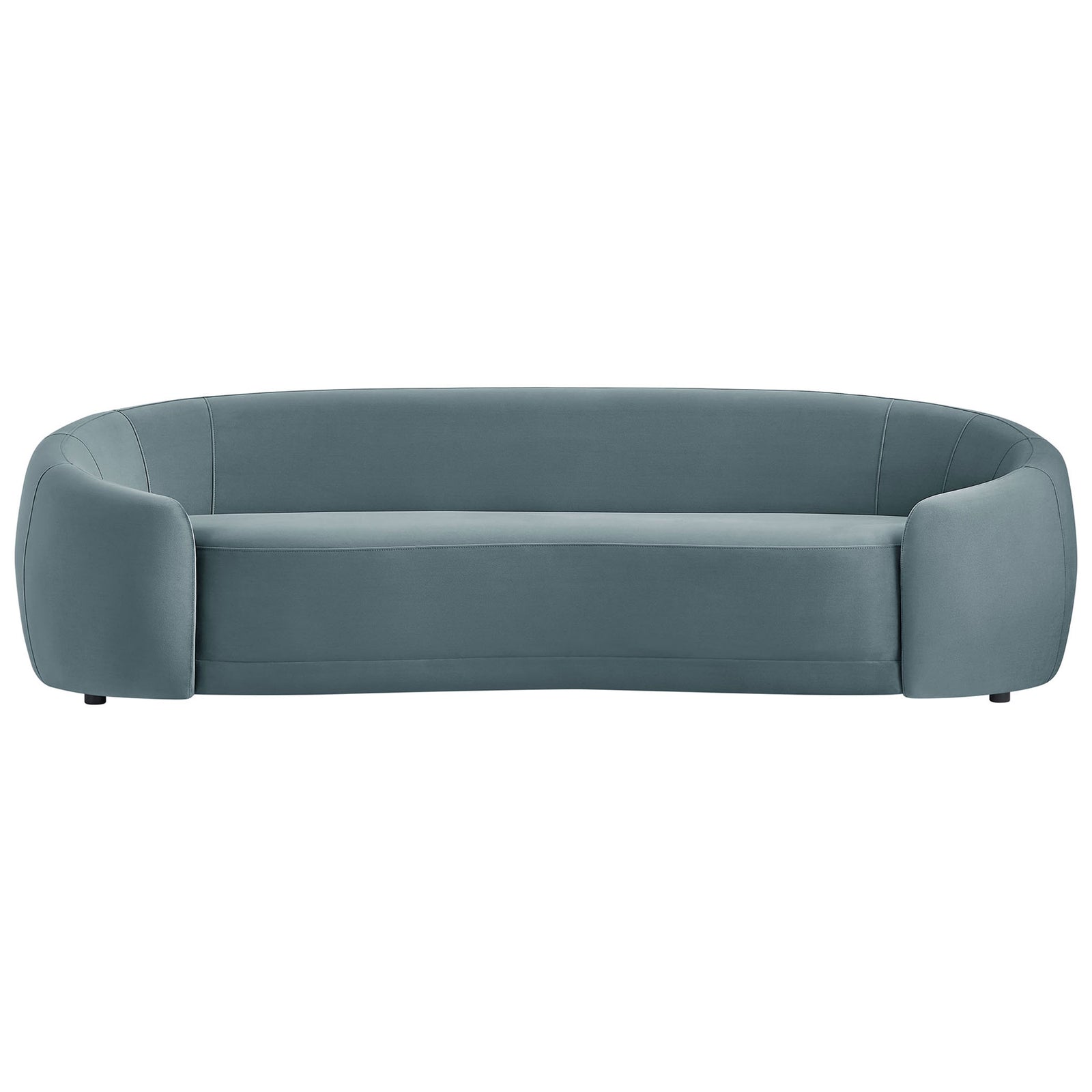Modern cadet blue velvet sofa with sculpted curved silhouette and plush, inviting three-seat design. || EEI-7581-CAB || front_studio