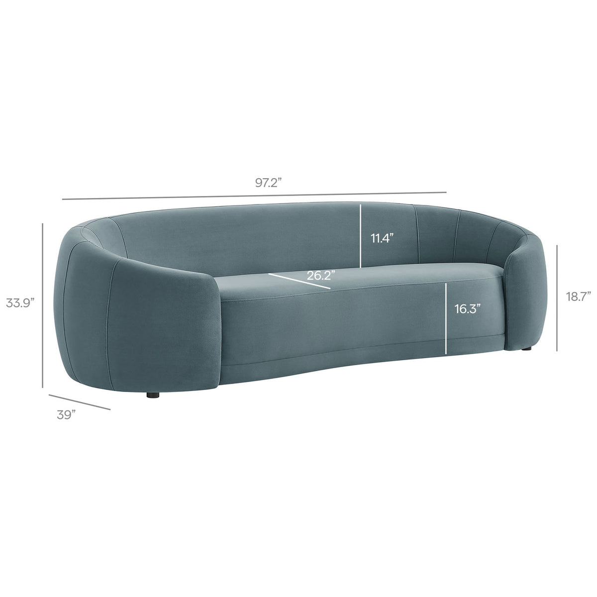 Dimension diagram of the curved cadet blue velvet sofa showing overall width, depth, and height. || EEI-7581-CAB || dimension_studio
