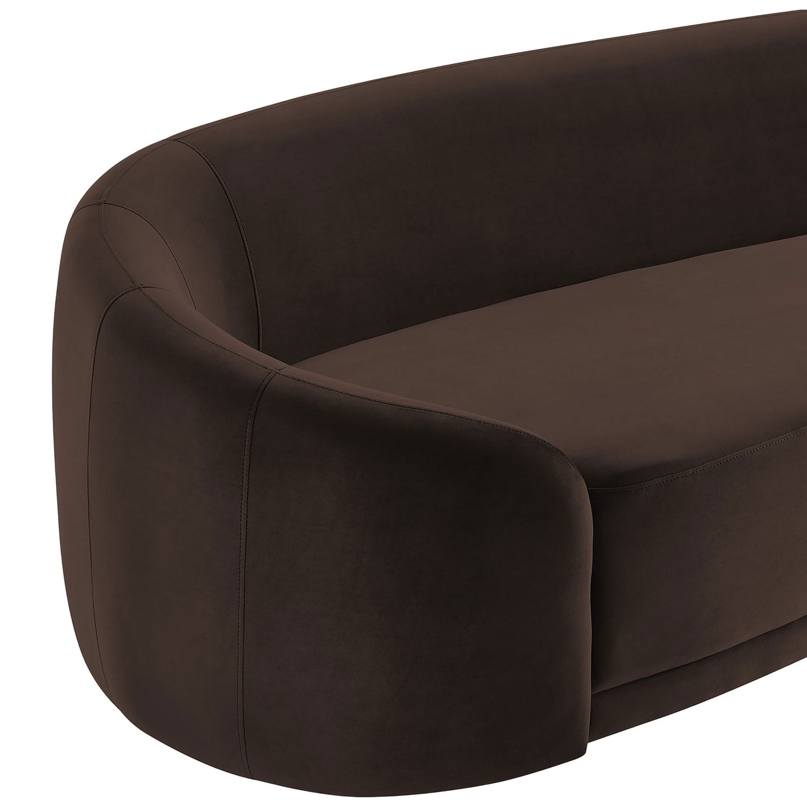 Curved back chocolate brown velvet sofa showcasing smooth seat and rounded corner profile || EEI-7581-CHB || detail_studio