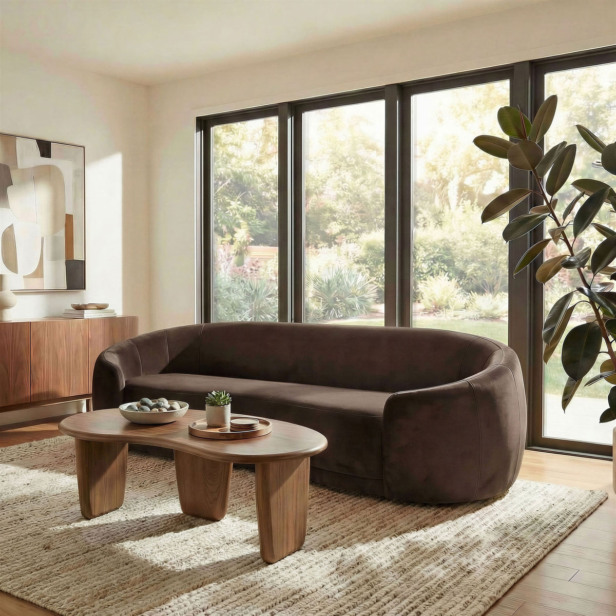 Chocolate brown curved velvet sofa styled in a bright living room with large windows and neutral rug || EEI-7581-CHB || front_angle_room