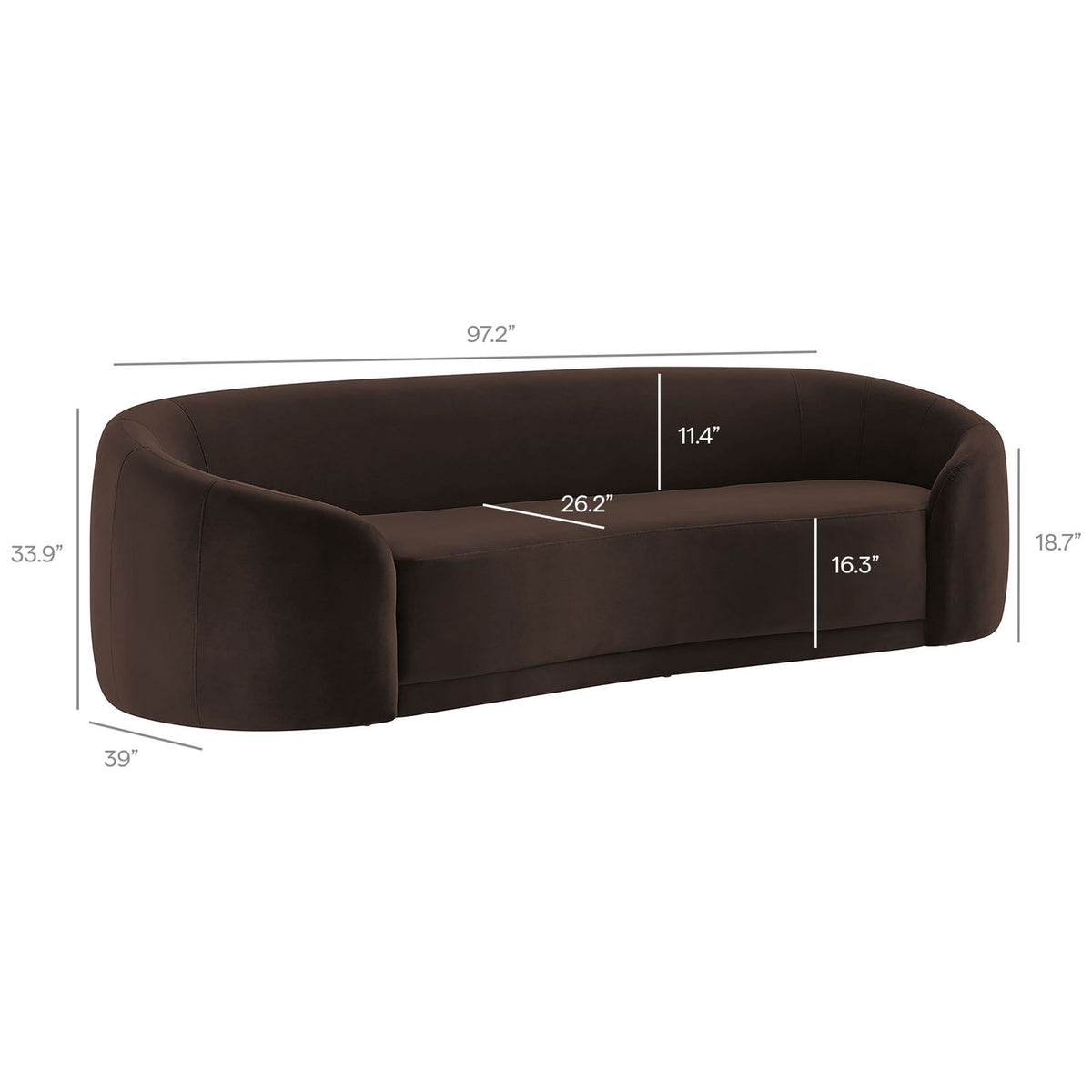 Chocolate brown curved velvet sofa with labeled dimensions for width depth height and seat size || EEI-7581-CHB || dimension_studio