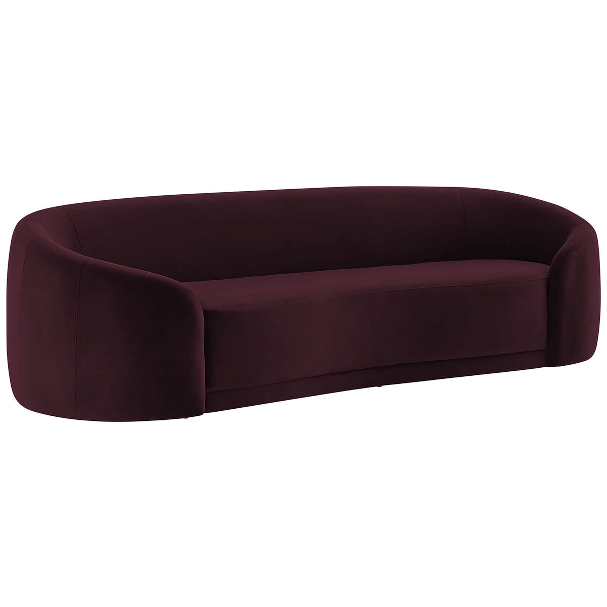 Curved mulberry velvet sofa with low profile silhouette and plush three-seat bench cushion. || EEI-7581-MUL || front_angle_studio