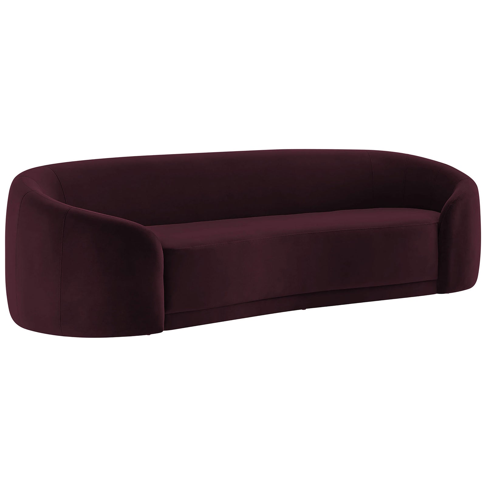 Curved mulberry velvet sofa with low profile silhouette and plush three-seat bench cushion. || EEI-7581-MUL || front_angle_studio