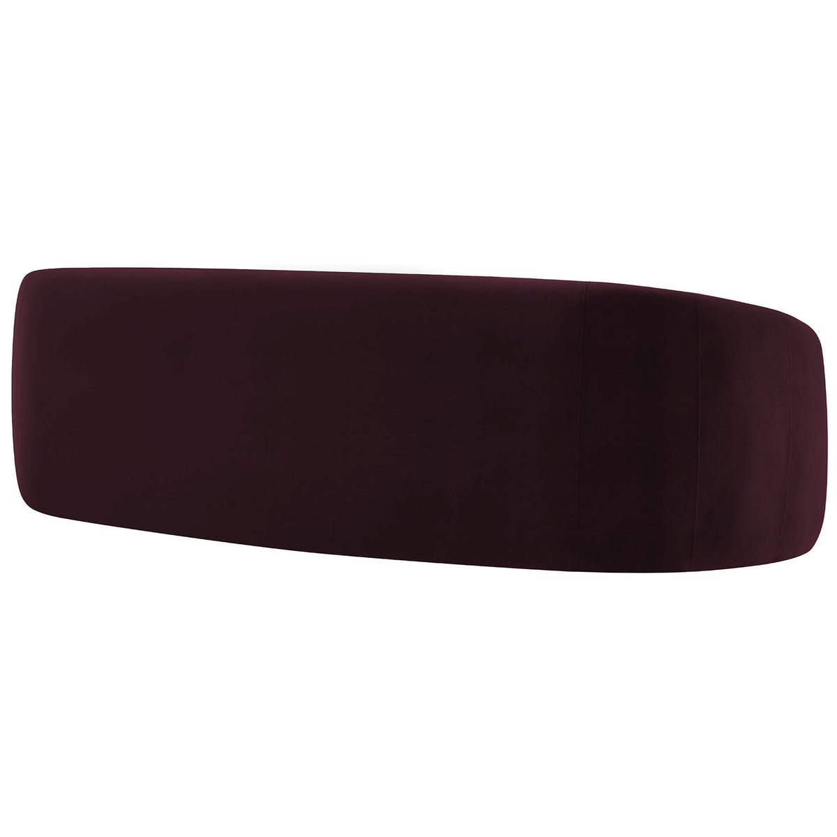 Smooth sculpted back of the mulberry velvet sofa showcasing its continuous curved profile. || EEI-7581-MUL || back_studio