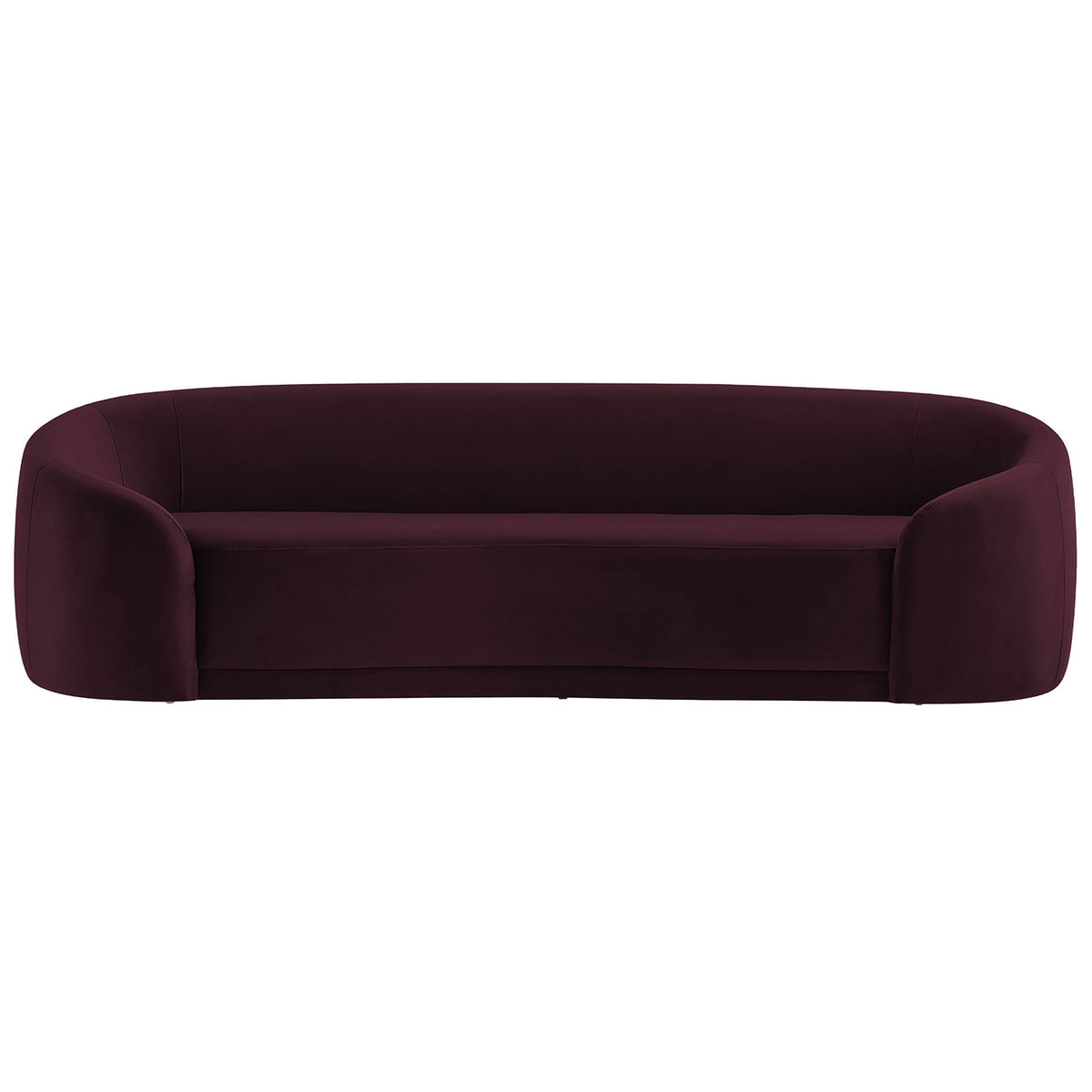 Modern Contessa curved sofa in mulberry performance velvet with generous three-seat bench design. || EEI-7581-MUL || front_studio