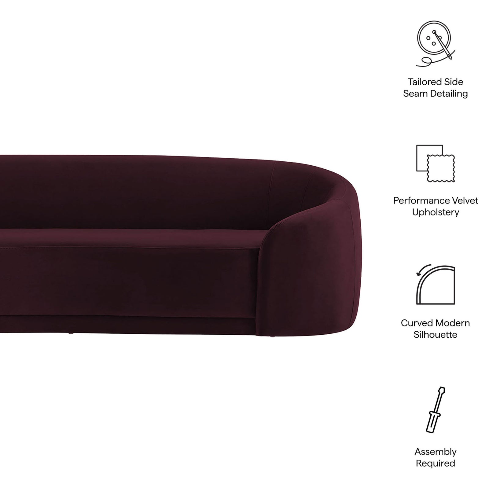 Mulberry Contessa sofa with performance velvet, curved modern silhouette, and tailored side seam detailing. || EEI-7581-MUL || callout_studio