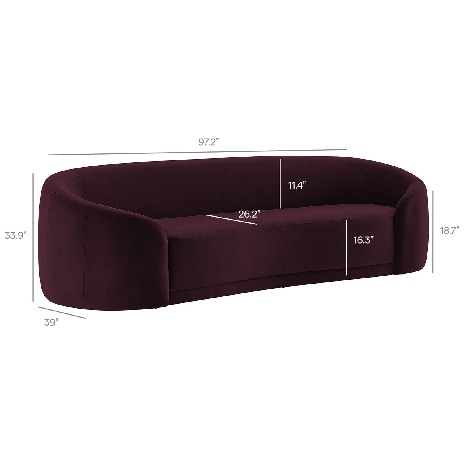 Dimensions of the Contessa curved sofa in mulberry velvet, showing generous width and deep, low seating. || EEI-7581-MUL || dimension_studio