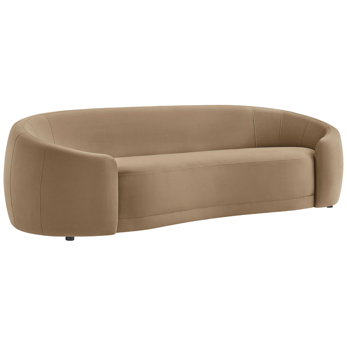 Low-profile taupe velvet sofa with sculpted wraparound arms and fluid, continuous base for a modern look. || EEI-7581-TAU || front_angle_studio
