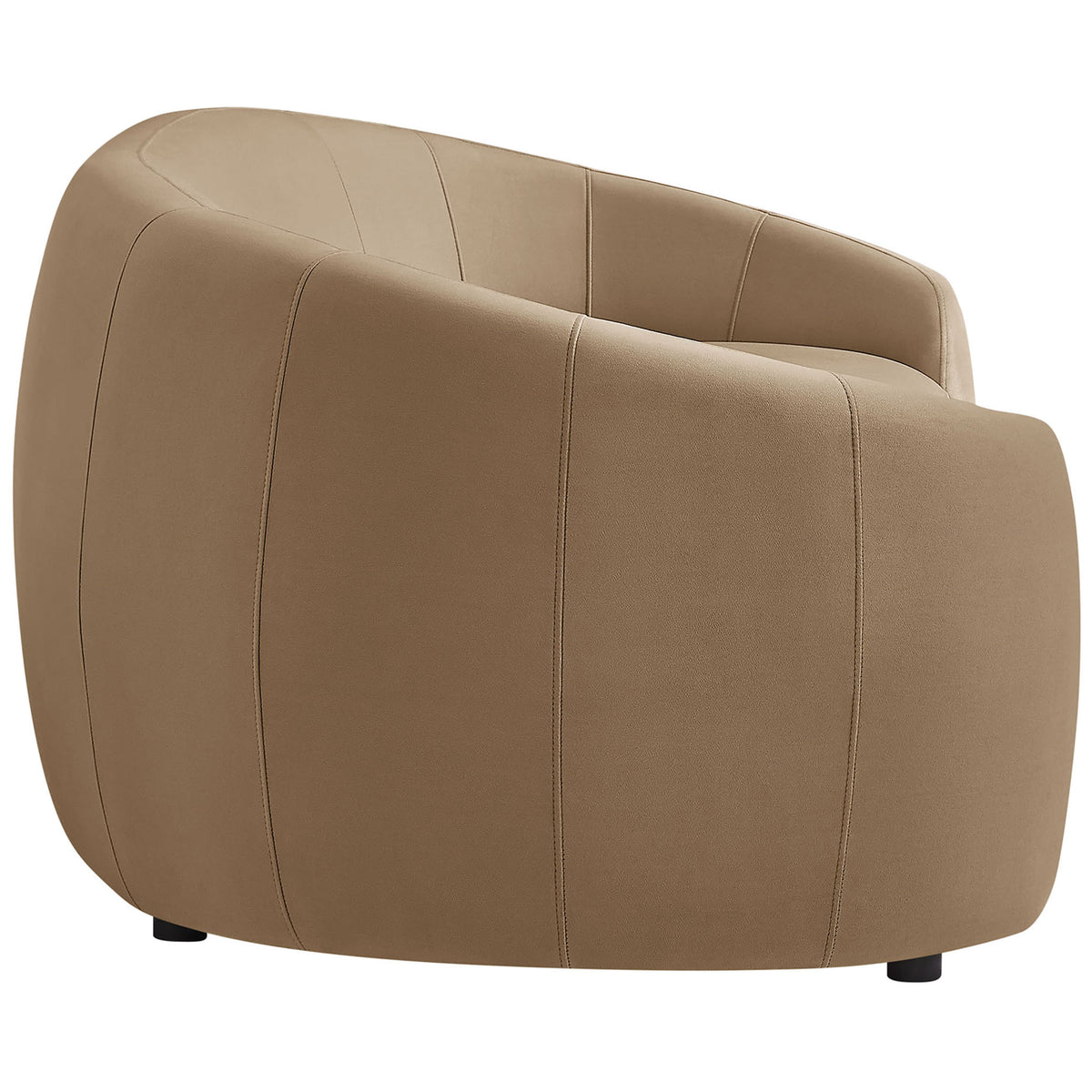 The sofa's rounded arm highlights plush padding and crisp performance velvet upholstery. || EEI-7581-TAU || detail_studio