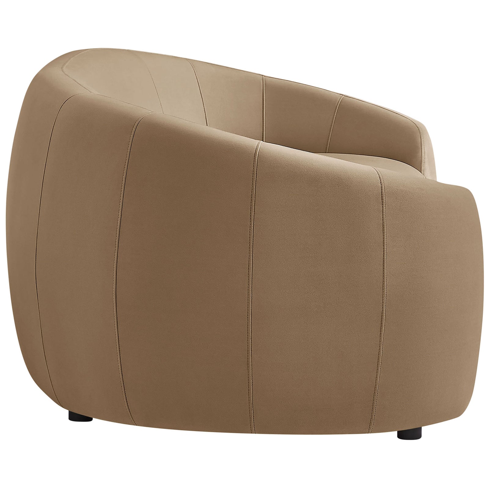 The sofa's rounded arm highlights plush padding and crisp performance velvet upholstery. || EEI-7581-TAU || detail_studio