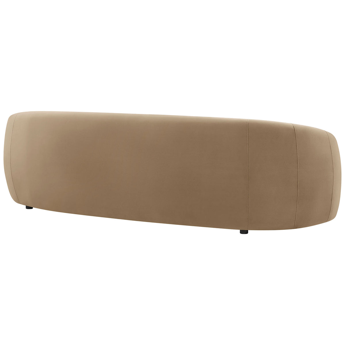 Taupe performance velvet sofa showcasing a smooth curved back with tailored vertical seam detailing. || EEI-7581-TAU || back_studio