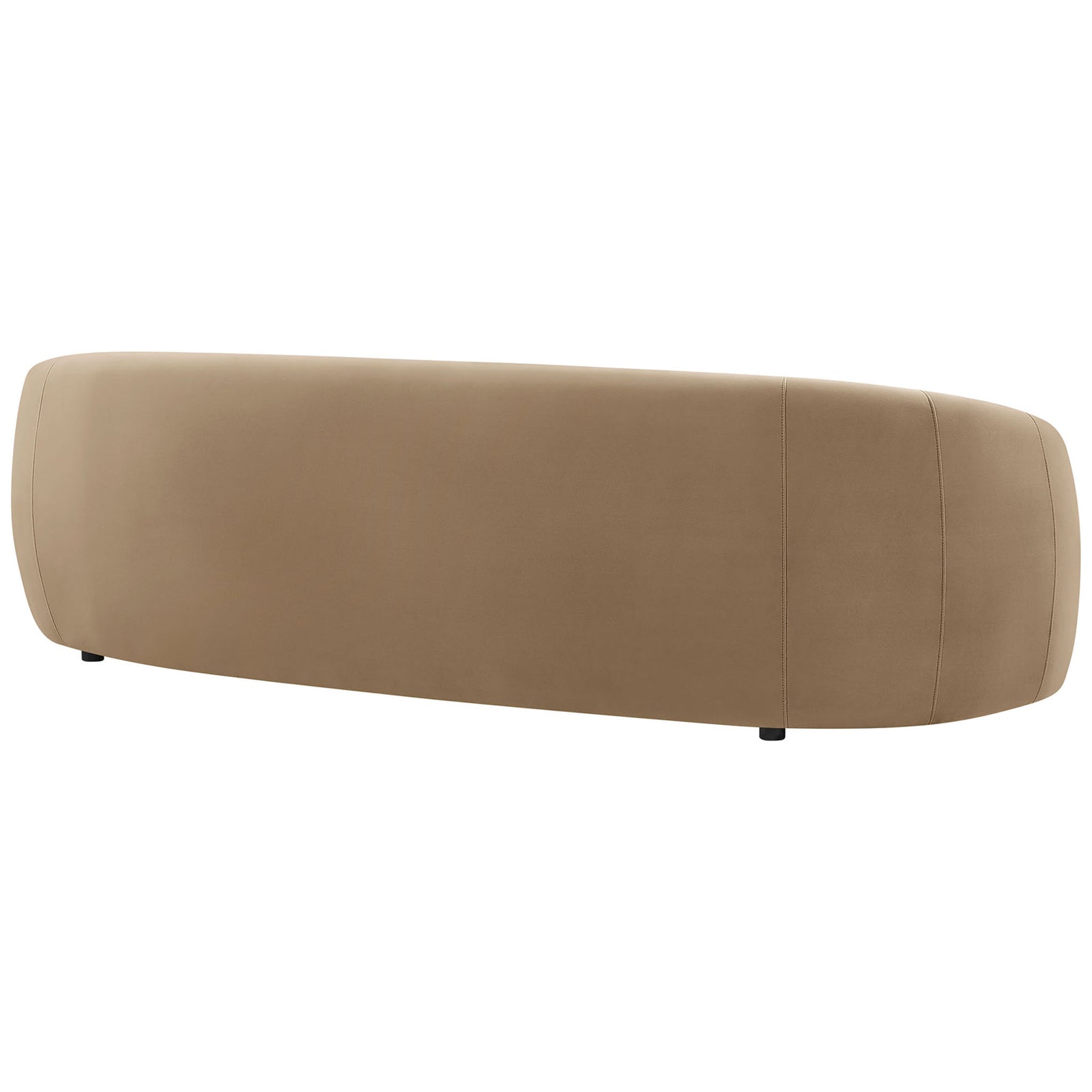 Taupe performance velvet sofa showcasing a smooth curved back with tailored vertical seam detailing. || EEI-7581-TAU || back_studio
