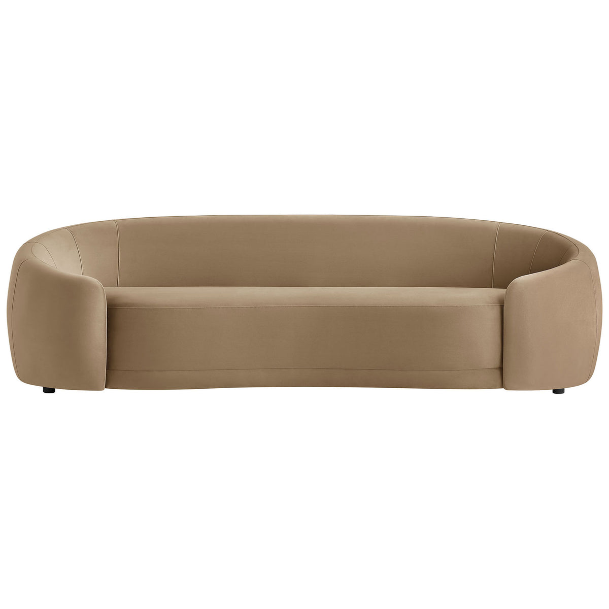Curved taupe performance velvet sofa with smooth tight back and generous three-seat bench cushion. || EEI-7581-TAU || front_studio