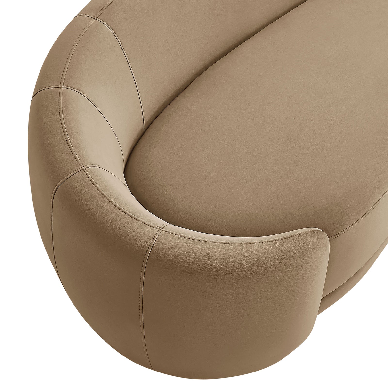The Contessa sofa's curved seat and back contours feature subtle channel stitching. || EEI-7581-TAU || detail_studio