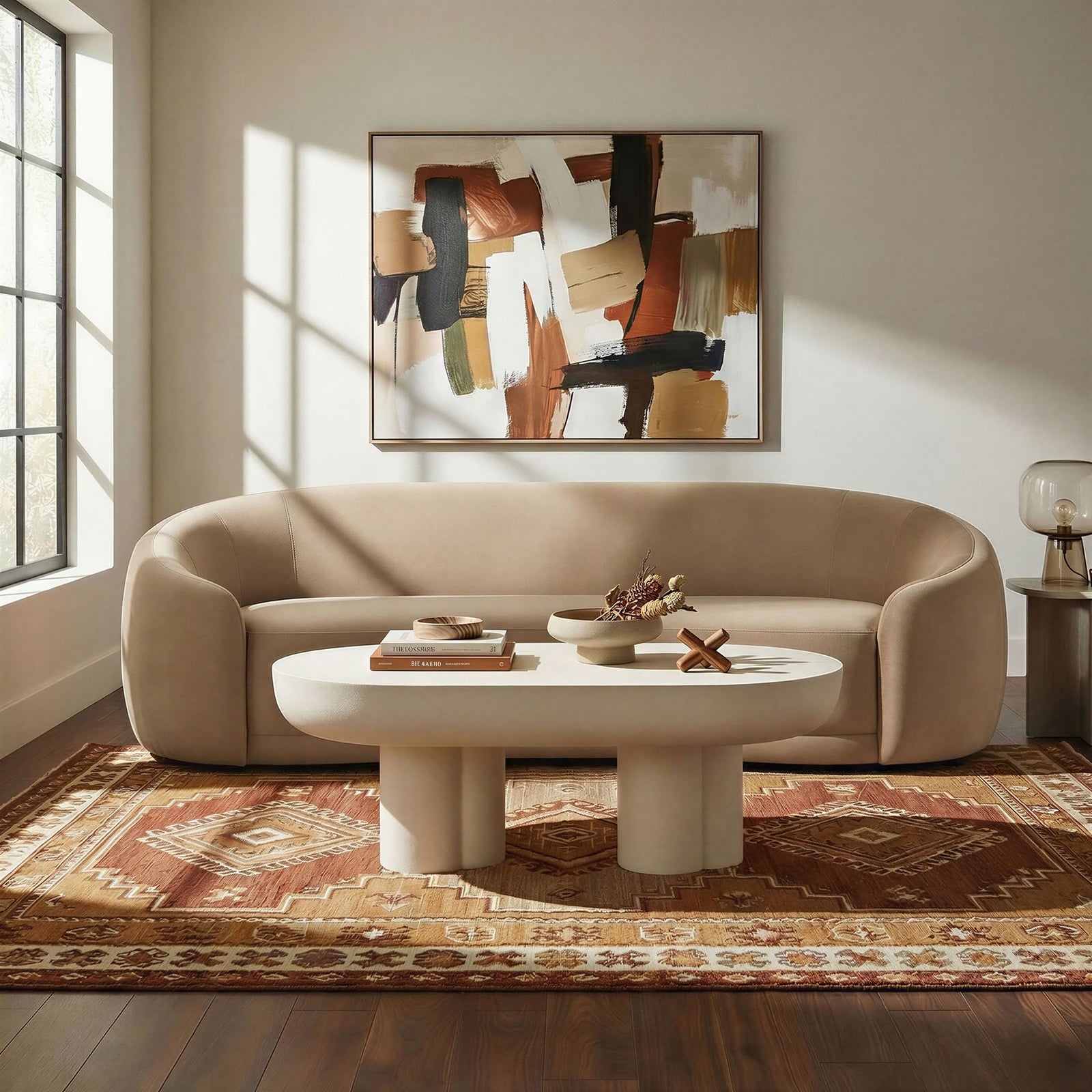 Taupe velvet curved sofa styled in a warm living room with abstract art, a modern coffee table, and patterned rug. || EEI-7581-TAU || front_room