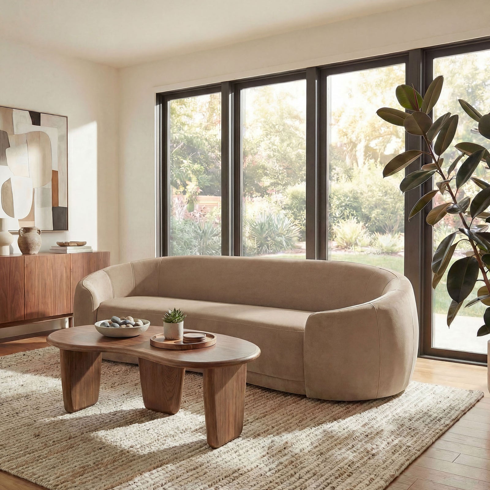 Curved taupe sofa in a sunlit living room, paired with a sculptural wood coffee table and textured rug. || EEI-7581-TAU || front_angle_room