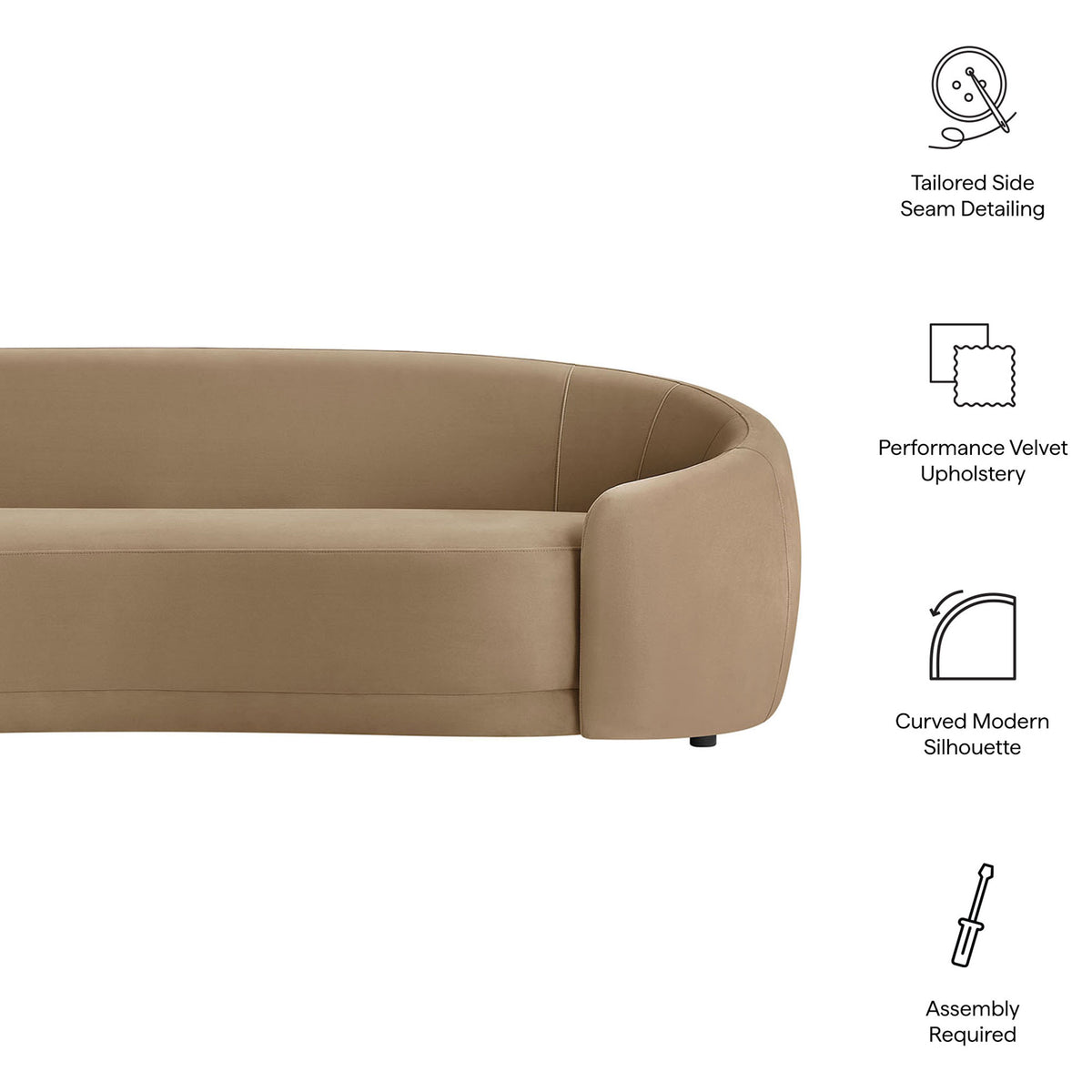 Taupe curved performance velvet sofa with icons calling out tailored seams, modern silhouette, and easy assembly. || EEI-7581-TAU || callout_studio