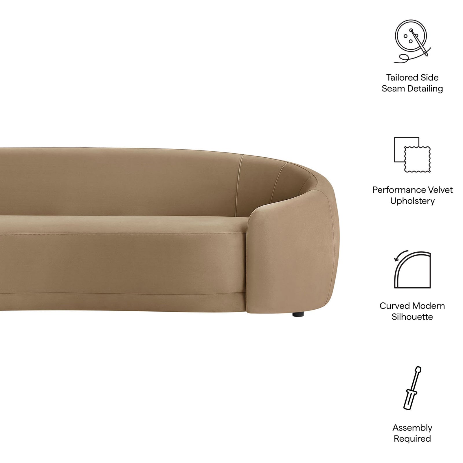 Taupe curved performance velvet sofa with icons calling out tailored seams, modern silhouette, and easy assembly. || EEI-7581-TAU || callout_studio
