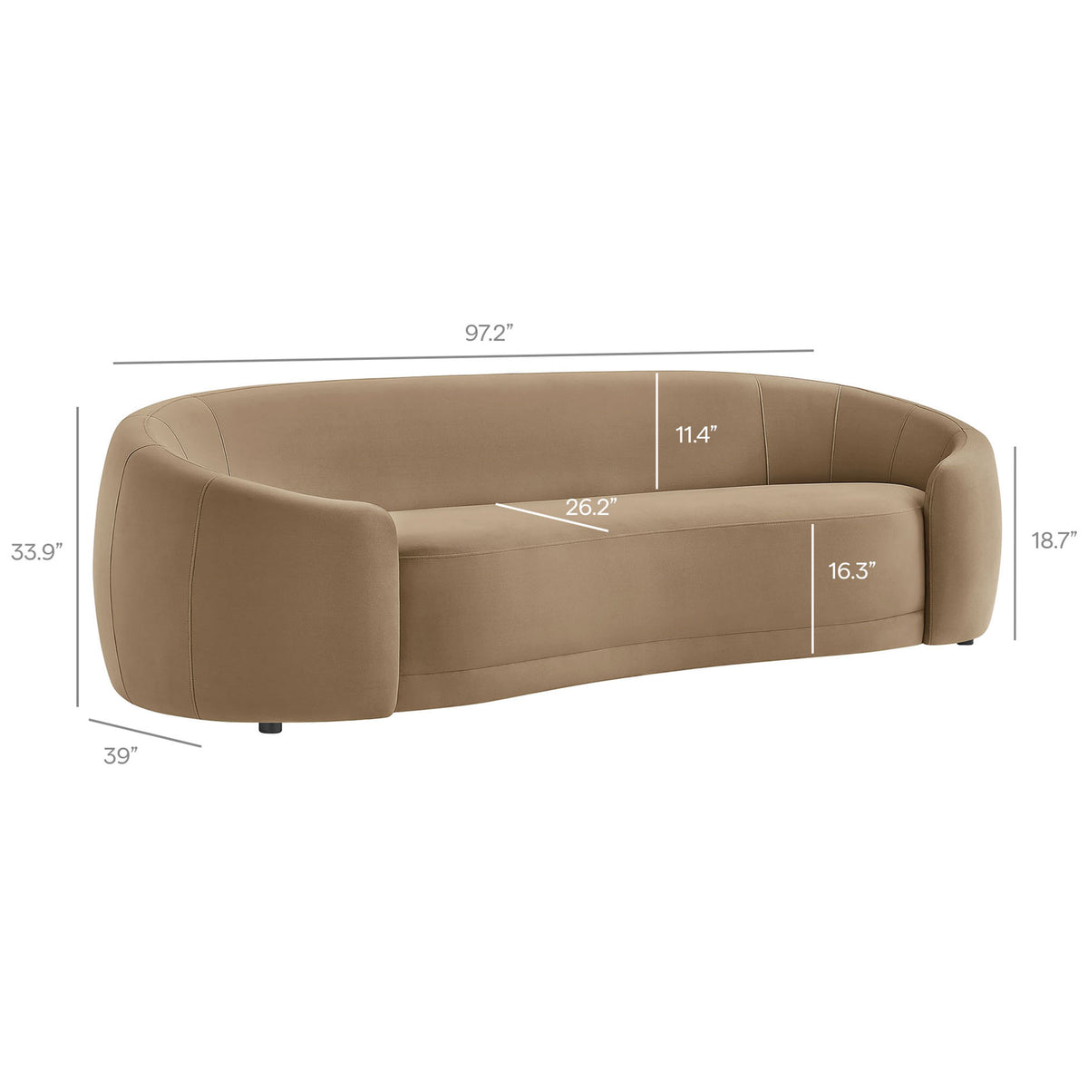 Taupe curved sofa with labeled dimensions for overall width, depth, seat height, and back height. || EEI-7581-TAU || dimension_studio