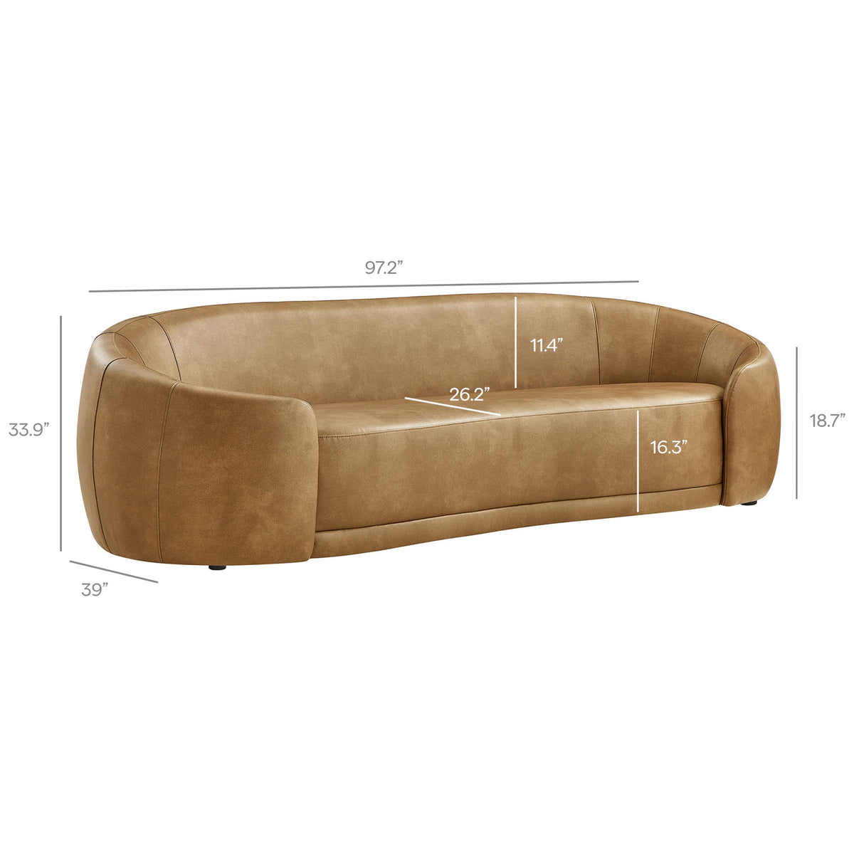 Dimension diagram displays width, depth, seat height, and back height of the Contessa curved vegan leather sofa || EEI-7582-TST || dimension_studio