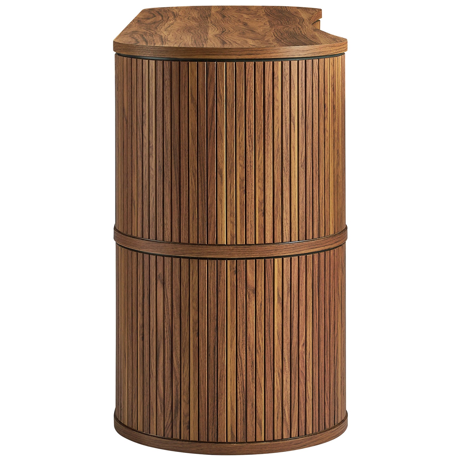 Slim curved walnut cabinet emphasizing vertical fluting and warm tones for a refined contemporary presence || EEI-7583-WAL || side_studio