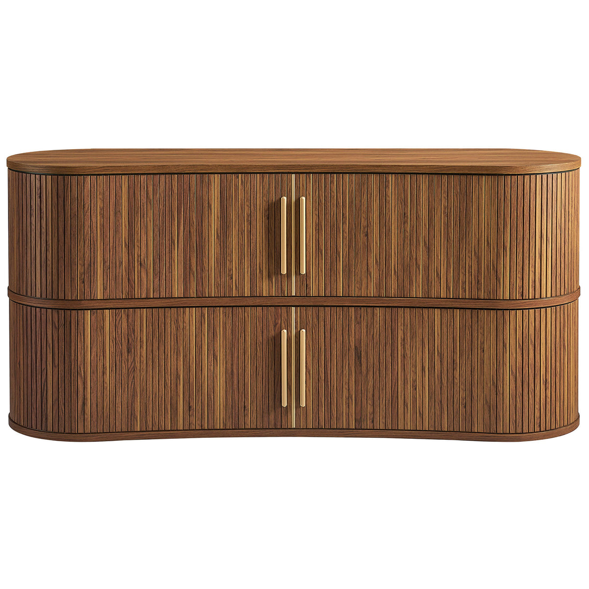 Walnut fluted sideboard with four sleek gold handles offering generous hidden storage and graceful curves || EEI-7583-WAL || front_studio