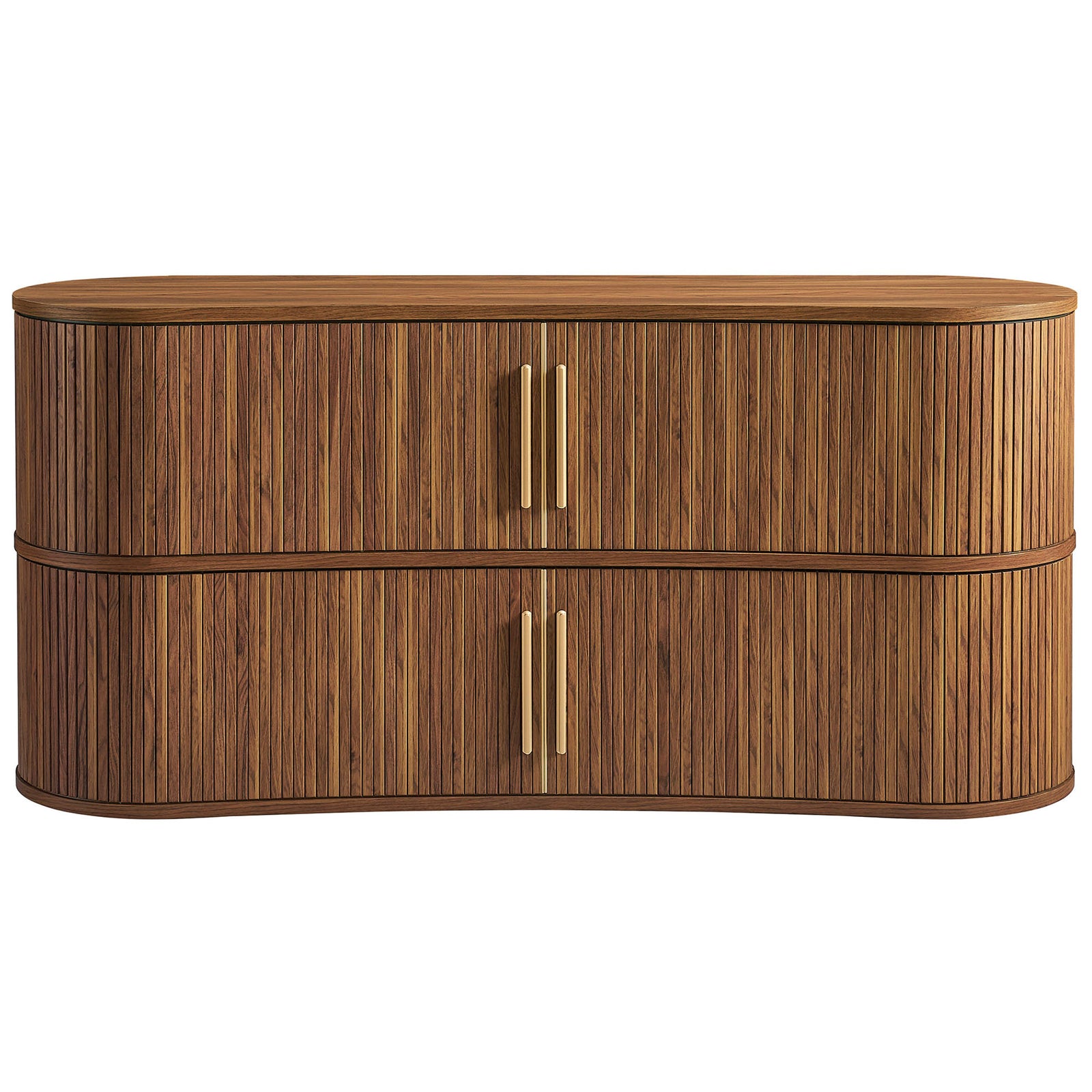 Walnut fluted sideboard with four sleek gold handles offering generous hidden storage and graceful curves || EEI-7583-WAL || front_studio