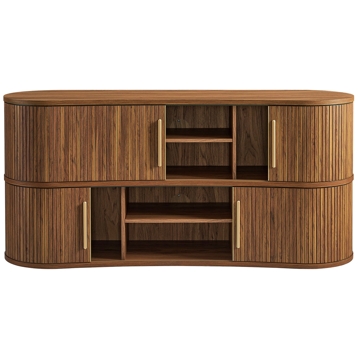 Sliding tambour doors reveal adjustable shelves and cable management, maximizing organized media and dining storage || EEI-7583-WAL || front_open_studio