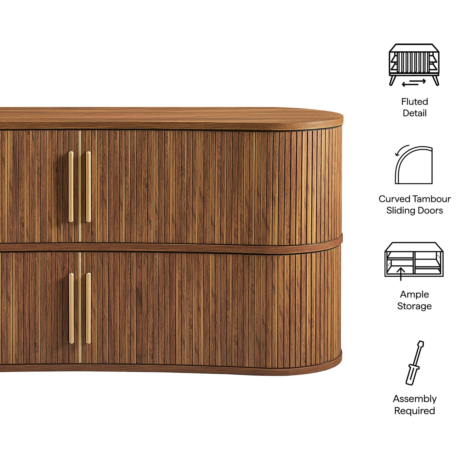 Key features highlight the fluted detail, curved tambour doors, ample storage, and easy assembly of this sideboard || EEI-7583-WAL || callout_studio