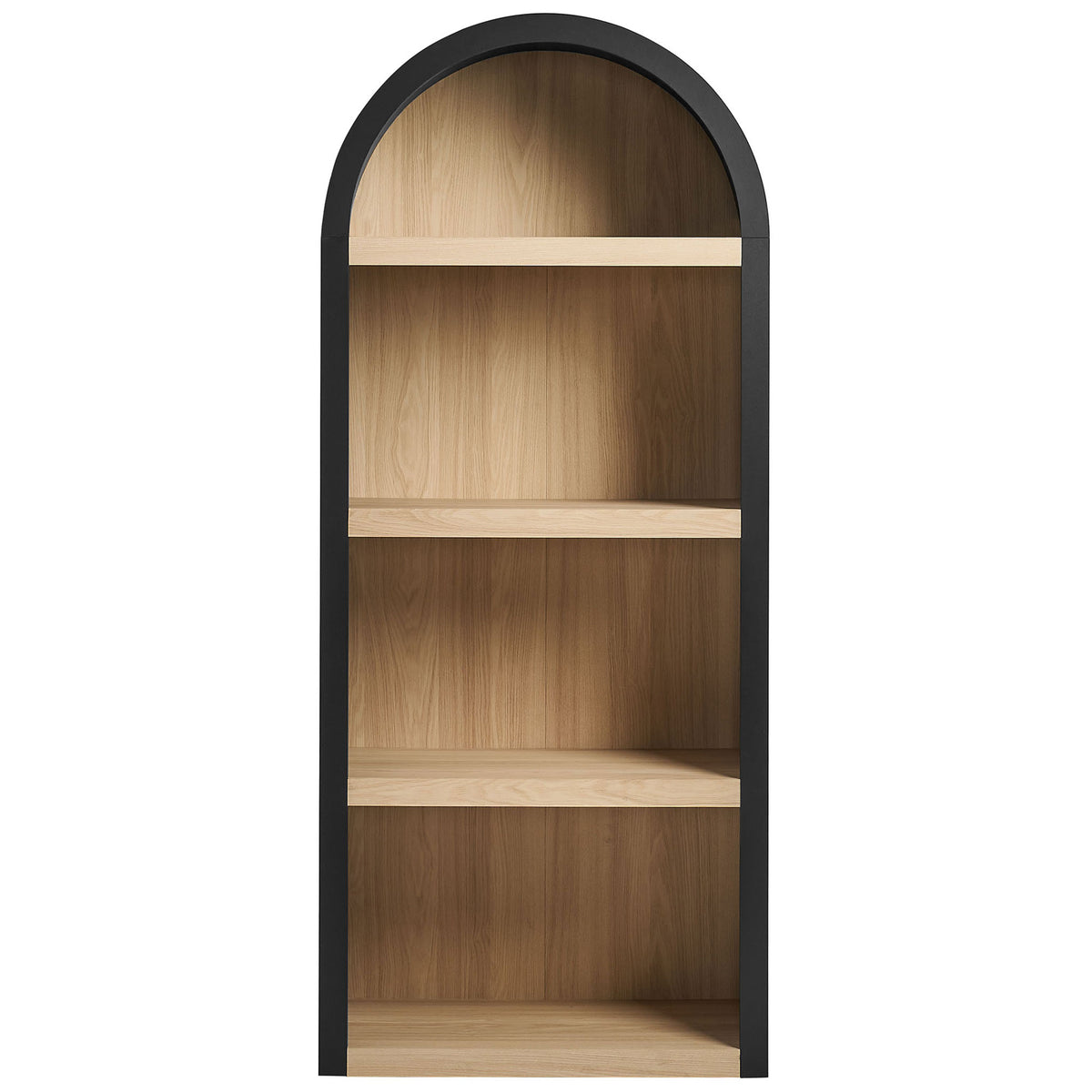 Four open shelves framed by a bold black arch create an eye-catching, airy storage statement. || EEI-7584-BLK-OAK || front_studio