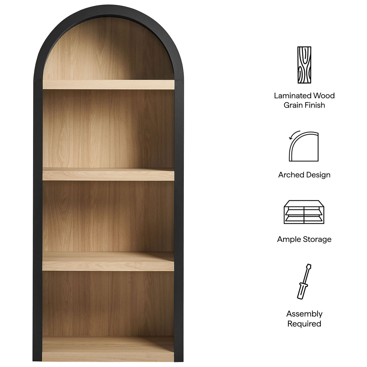 Key features: laminated wood grain finish, arched design, ample storage, easy assembly. || EEI-7584-BLK-OAK || callout_studio