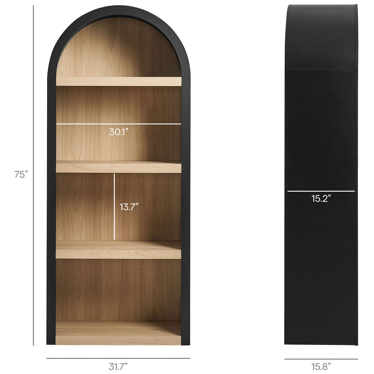 75-inch arched bookcase with four open tiers and generous shelf spacing. || EEI-7584-BLK-OAK || dimension_studio