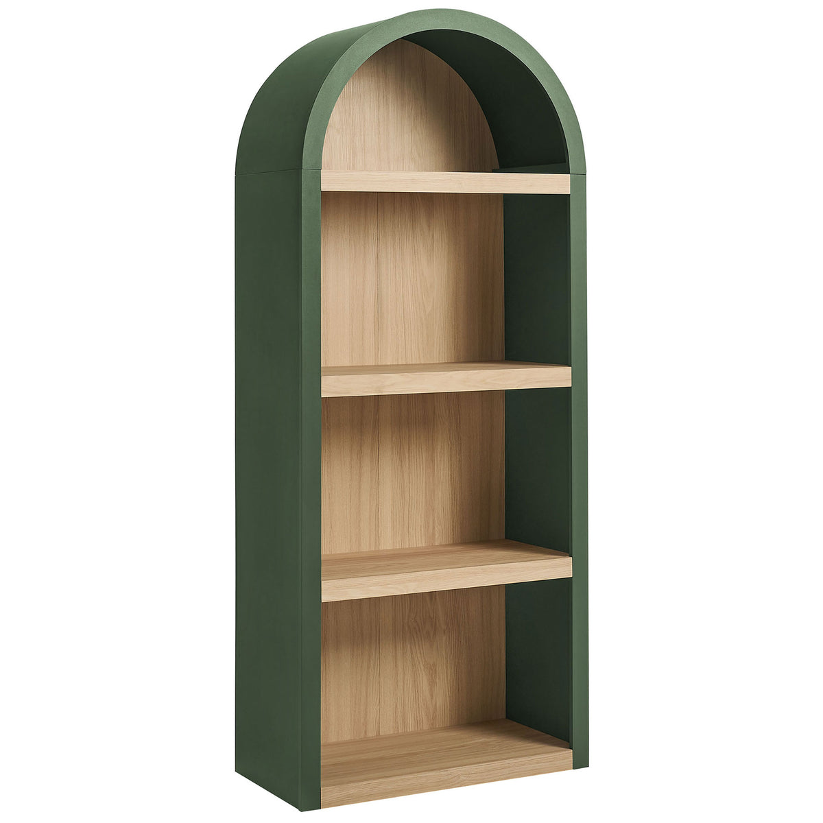 Sleek arched display shelf in hunter green with four sturdy oak-look tiers || EEI-7584-GRN-OAK || front_angle_studio