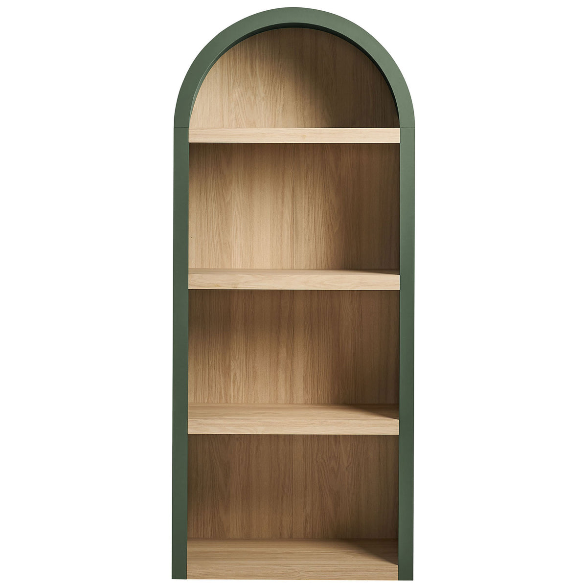 Arched hunter green bookcase with warm oak-look shelves and airy, open silhouette || EEI-7584-GRN-OAK || front_studio