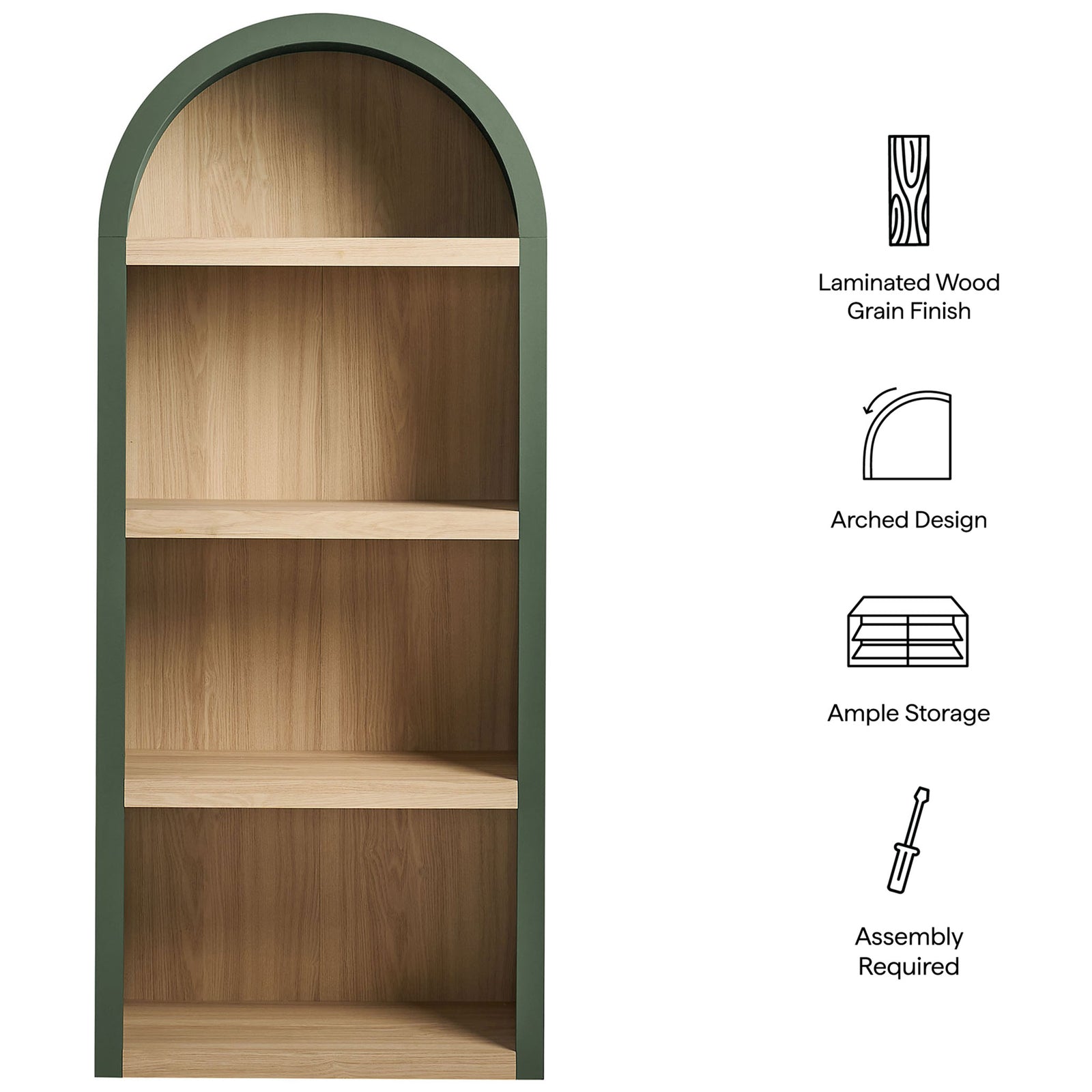 Laminated wood grain finish, arched design, ample storage, and easy assembly || EEI-7584-GRN-OAK || callout_studio