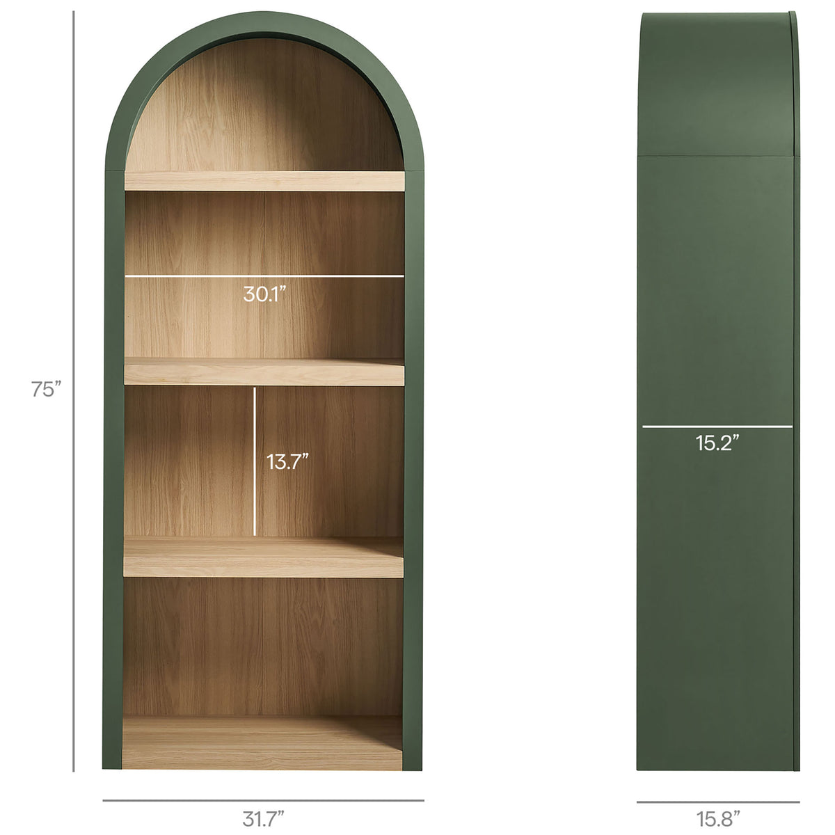 Spacious 75-inch arched bookcase with 31.7-inch width and 15.8-inch depth for versatile storage || EEI-7584-GRN-OAK || dimension_studio