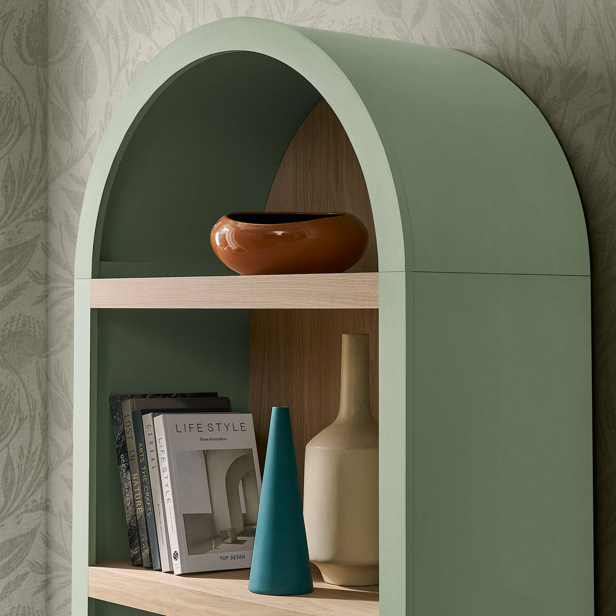 Two-tone sage-and-oak look elevates decor with sculptural curves and airy open storage || EEI-7584-SGE-OAK || detail_room
