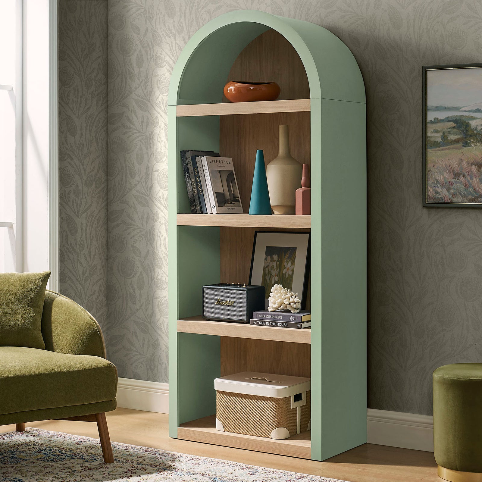 Arched display shelf offers airy, sculptural storage in a calming sage finish || EEI-7584-SGE-OAK || front_angle_room