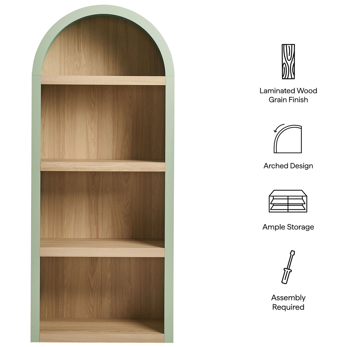 Features include laminated wood grain finish, arched design, ample storage, and easy assembly || EEI-7584-SGE-OAK || callout_studio