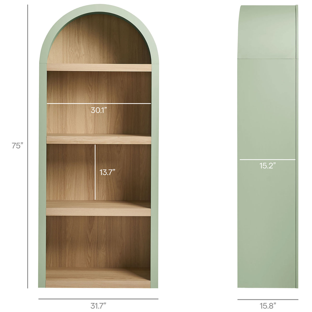 Arched bookcase dimensions and shelf spacing for confident room planning || EEI-7584-SGE-OAK || dimension_studio