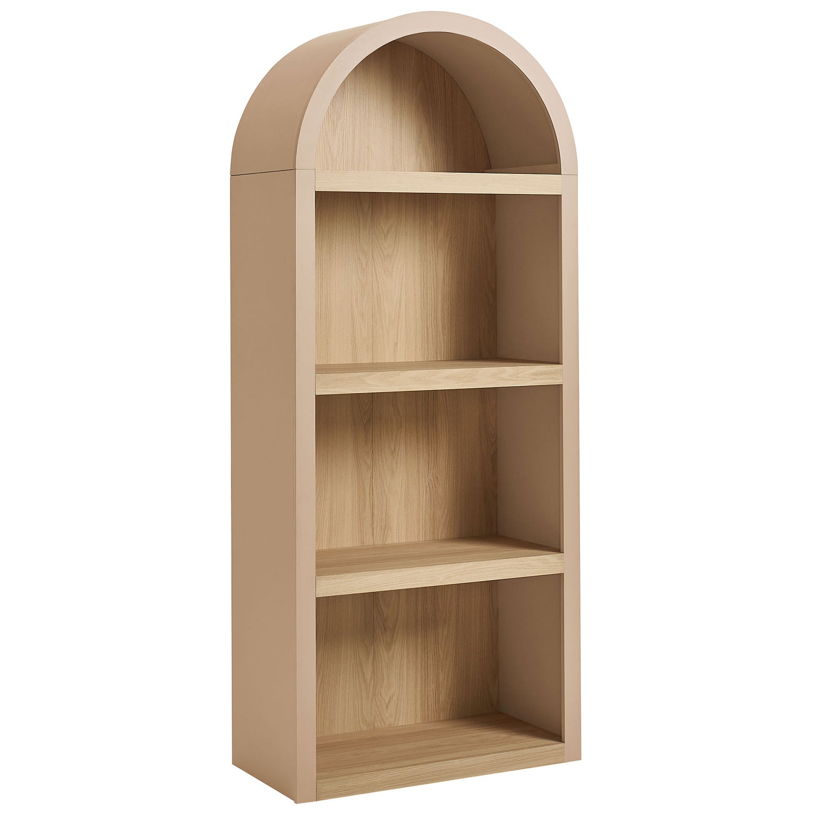 Arched tan bookcase with oak-look shelves and open tiers for airy display || EEI-7584-TAN-OAK || front_angle_studio