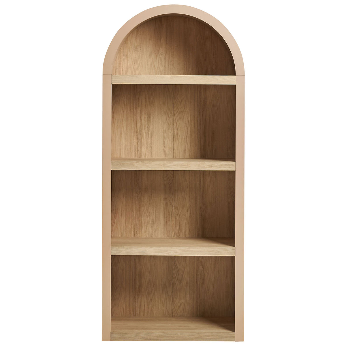 Four open shelves framed by a bold arch in tan with oak-grain interior || EEI-7584-TAN-OAK || front_studio
