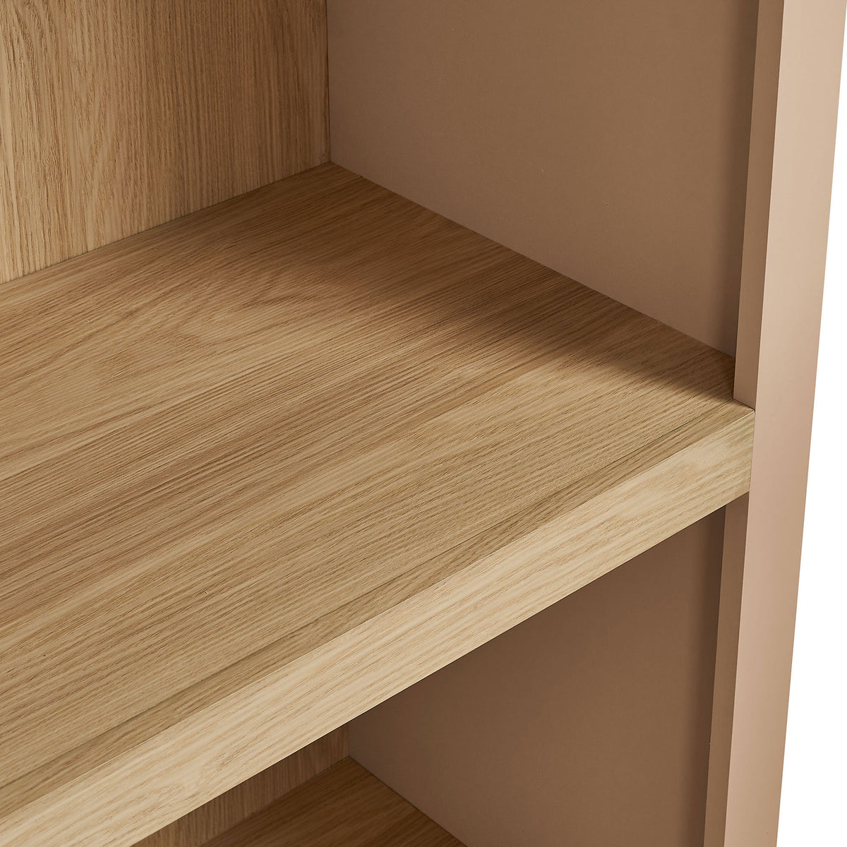 Oak-grain shelf surface with smooth tan frame for a warm, modern look || EEI-7584-TAN-OAK || detail_studio