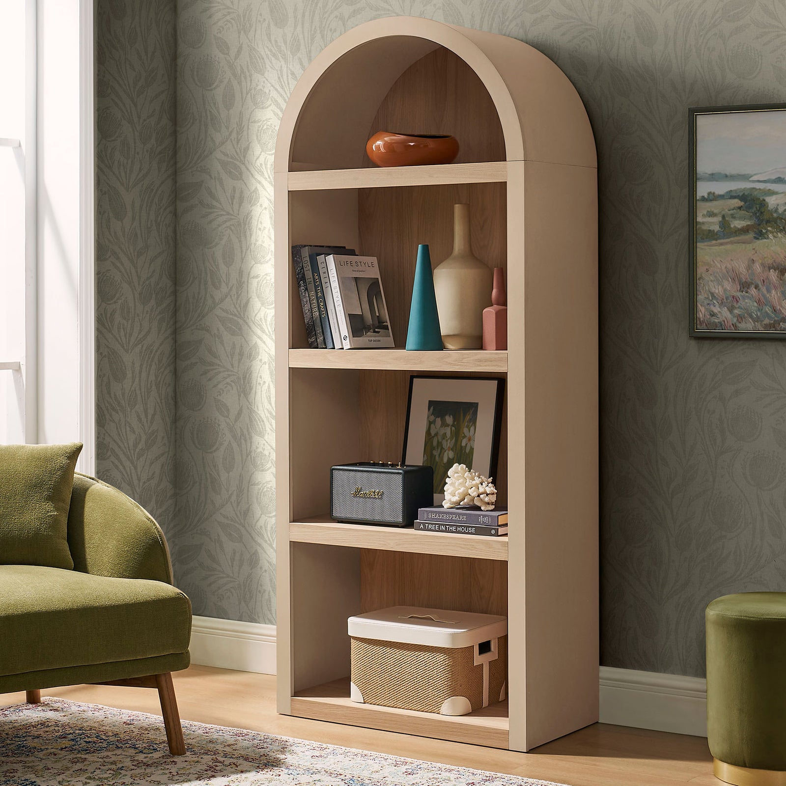 A statement arch silhouette adds warmth and open storage to your space || EEI-7584-TAN-OAK || front_angle_room