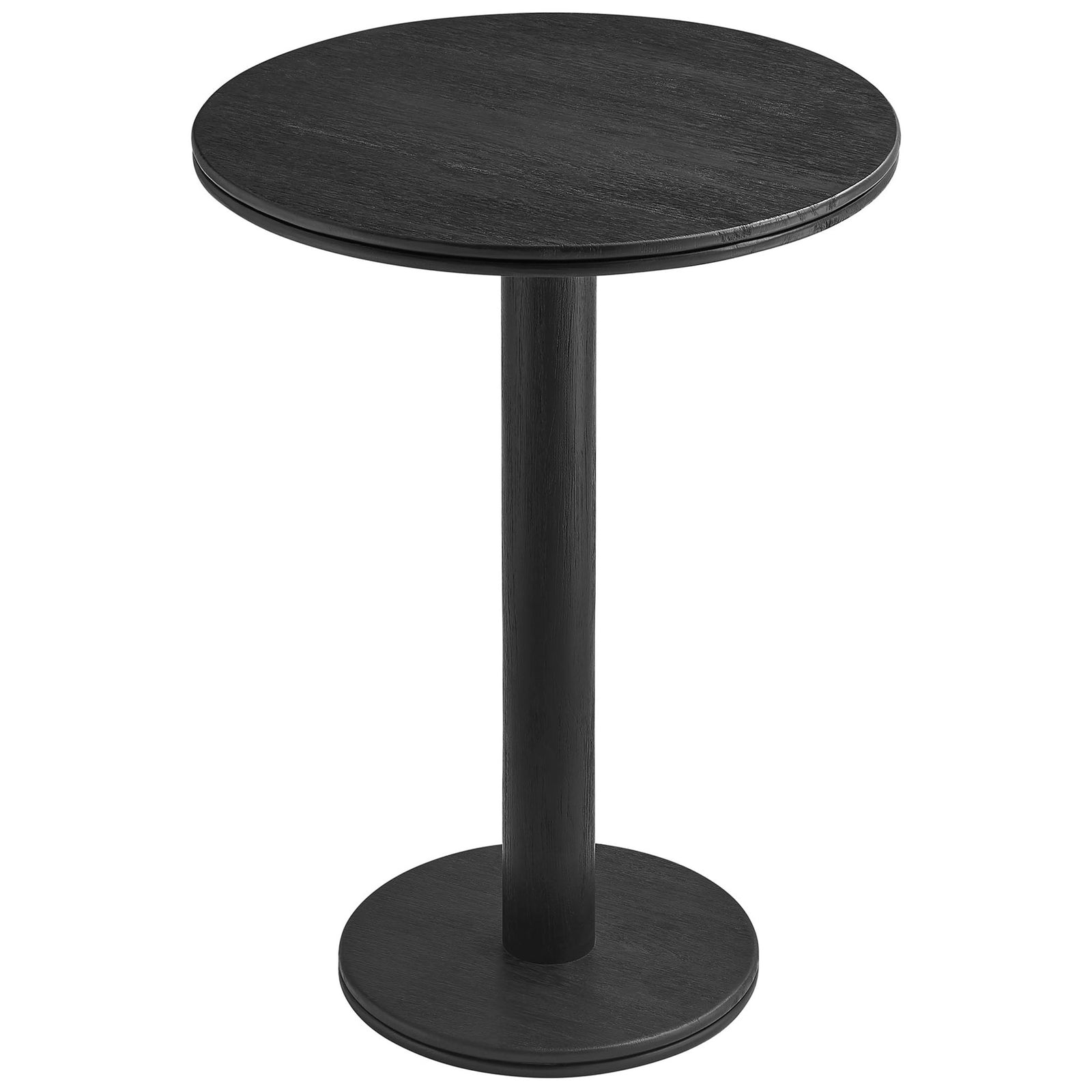 Sleek black round bar table showcasing slim pedestal column and compact circular base. || EEI-7585-BLK || front_angle_studio