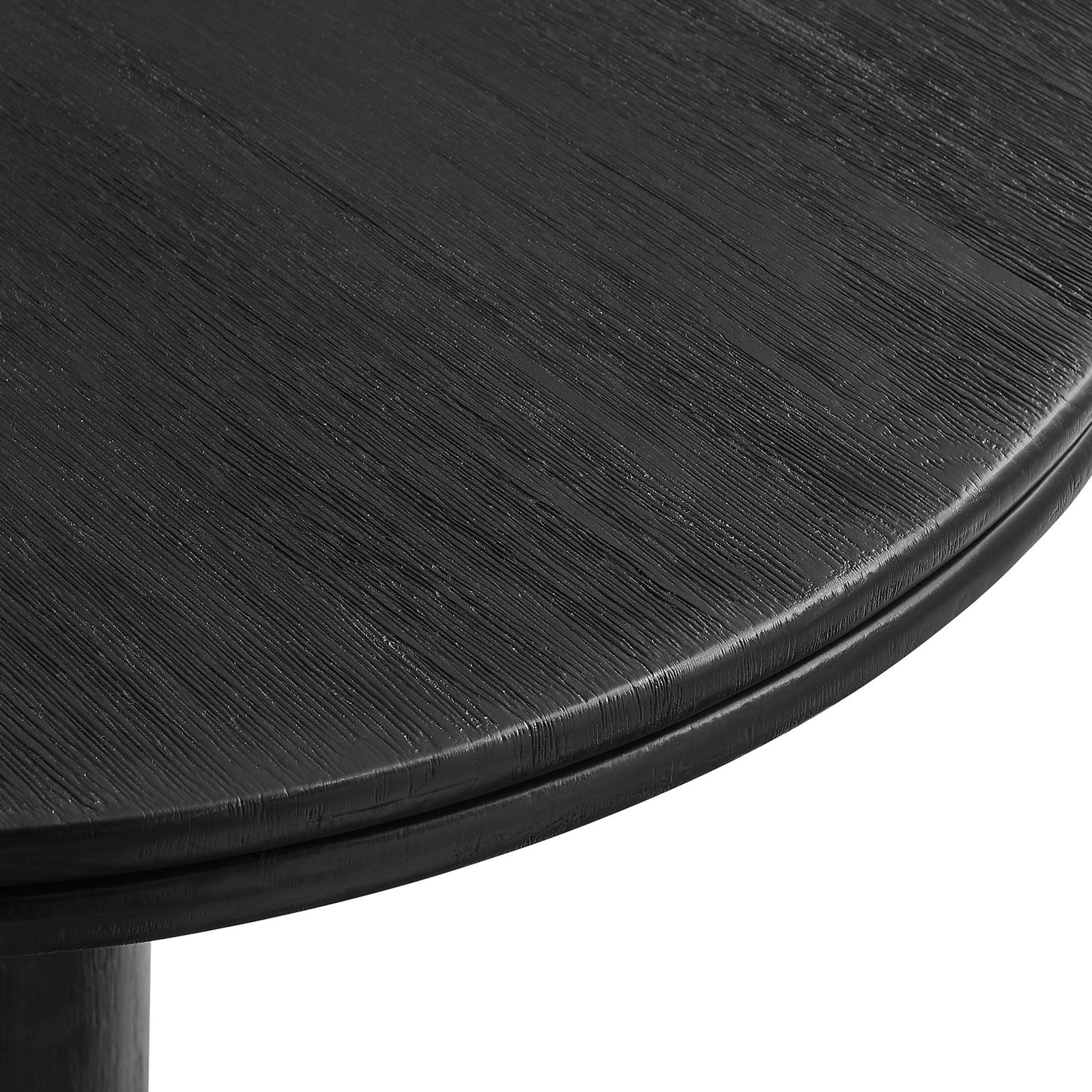Wire-brushed black acacia wood tabletop surface with rich grain and subtle weathered texture. || EEI-7585-BLK || swatch_studio