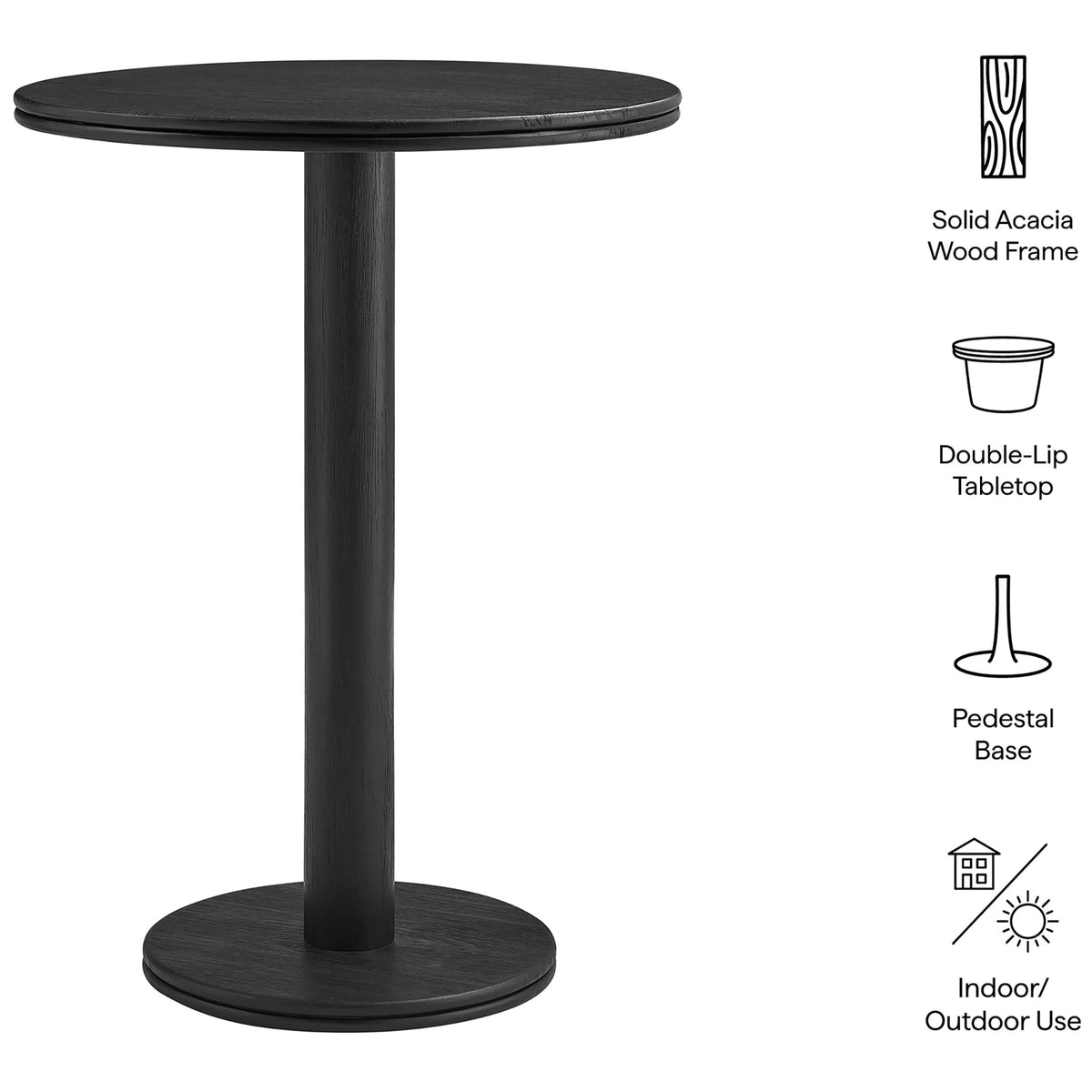 Feature graphic of black round bar table highlighting solid acacia frame, double-lip edge, and pedestal base. || EEI-7585-BLK || callout_studio