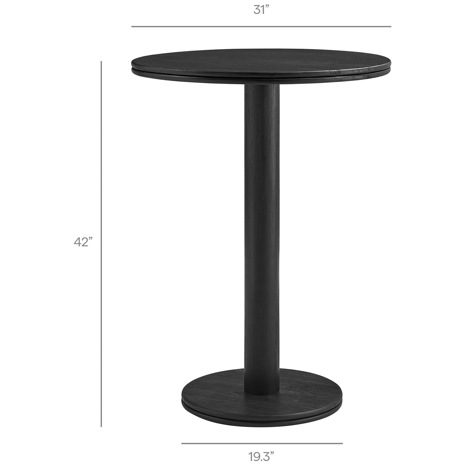 Dimension diagram of black round bar table showing 31 inch tabletop, 19.3 inch base, and 42 inch height. || EEI-7585-BLK || dimension_studio