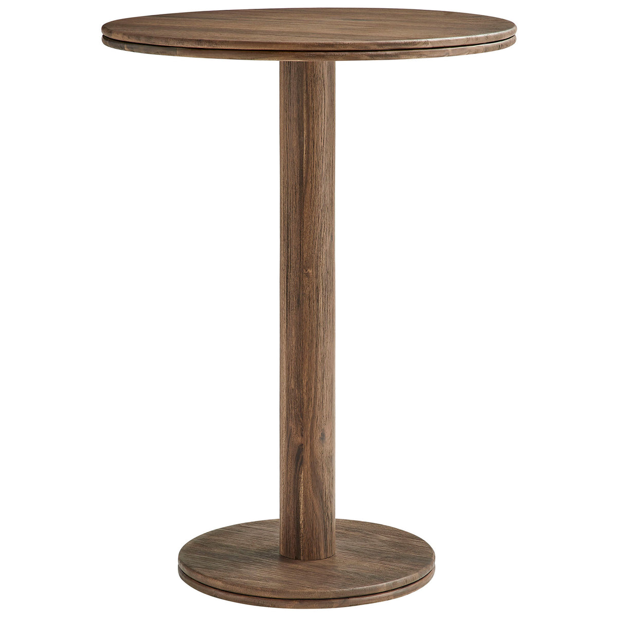 Cocoa brown acacia wood bar table with round double-lip top and stable pedestal base for patio or kitchen. || EEI-7585-COA || front_studio