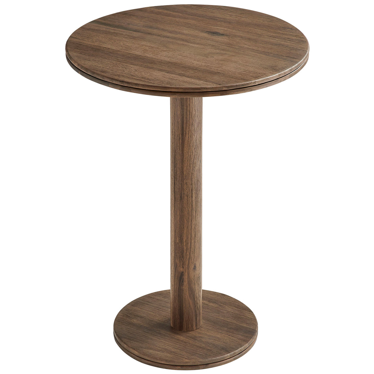 Warm brown round bar table showcasing slim pedestal column and compact circular base. || EEI-7585-COA || front_angle_studio